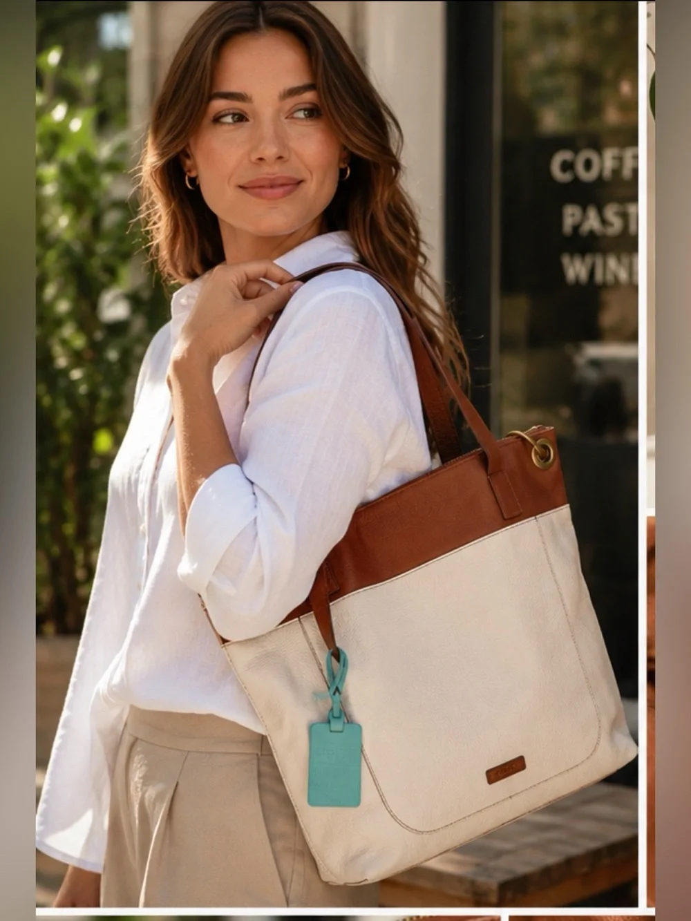 Fossil Colorblock Leather Tote Bag Ivory Cream Brown Pebbled Leather Zip Top
